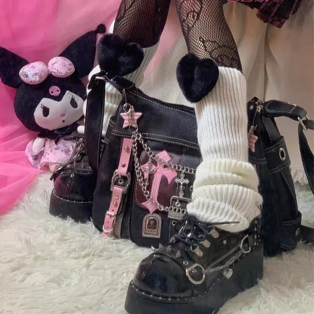 Hello Kitty Sanrio Gothic Punk Vintage Pink Cross Chains Crossbody Bags for Women Toys Hot Girl Handbag Y2K Trend Tote Bag Gift