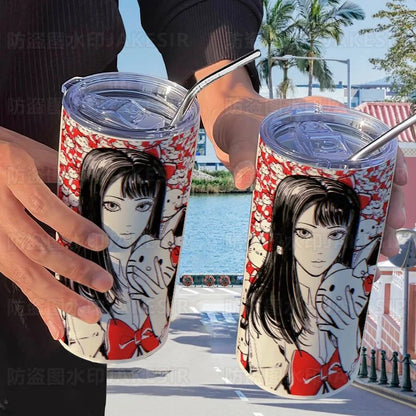 420Ml Hello Kitty Junji Ito Tomie Thermos Cartoon with Straw 304 Stainless Steel Portable Coffee Cup Student Water Cup