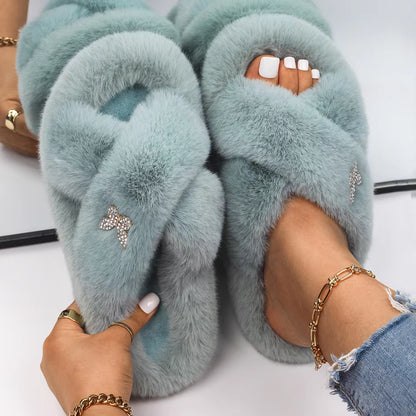 Furry Slippers Fur Slides Faux Fur Flip Flops Cute Ladies Butterfly Home Slippers Platform Soft Sandals Flats Winter Shoes 2022