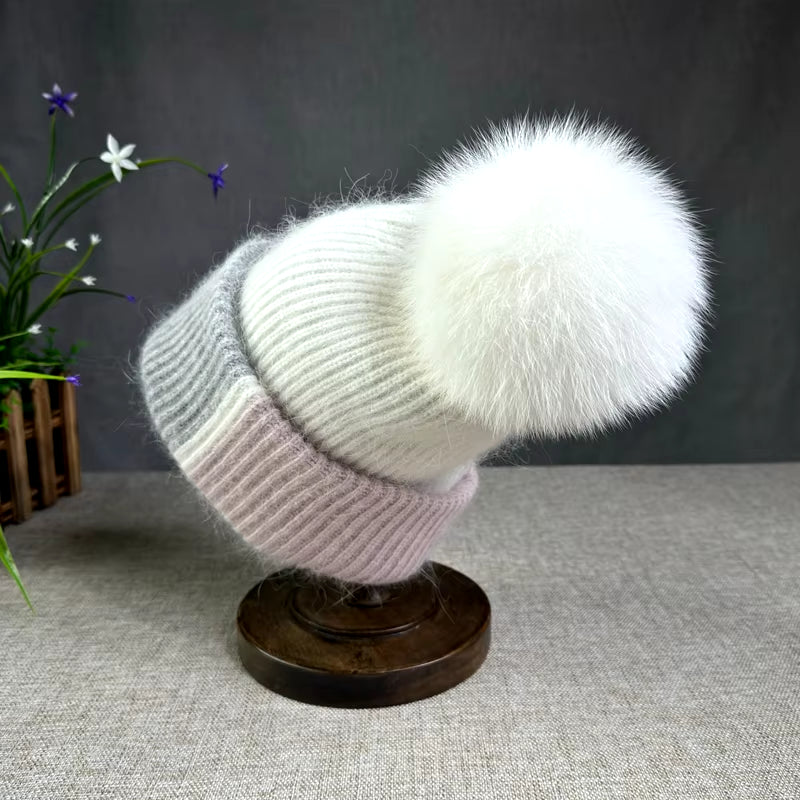 True Fox Hair Ball Knitted Hat for Women'S Autumn and Winter Versatile Ear Protection Rabbit Hair Colored Knitted Hat