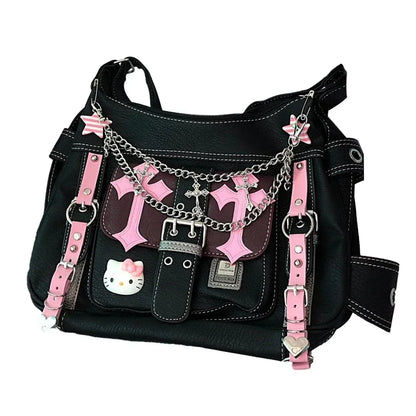 Hello Kitty Sanrio Gothic Punk Vintage Pink Cross Chains Crossbody Bags for Women Toys Hot Girl Handbag Y2K Trend Tote Bag Gift