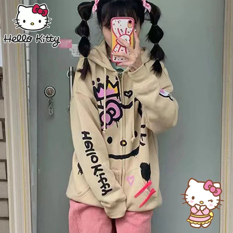 Sanrio Hello Kitty Hooded Sweatshirt Zipper Y2K Women Retro Casual Cardigan Girl Long Sleeve Jackets Autumn Coat Top Clothes