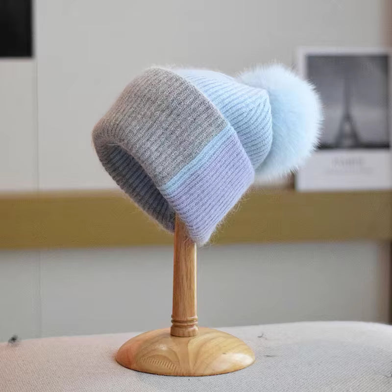 True Fox Hair Ball Knitted Hat for Women'S Autumn and Winter Versatile Ear Protection Rabbit Hair Colored Knitted Hat