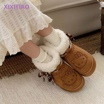 Sanrio Hello Kitty Snow Boots Anime Women Y2K Snow Boots Cute Warm Cotton Shoes Winter Non Slip Short Boot Christmas Gift