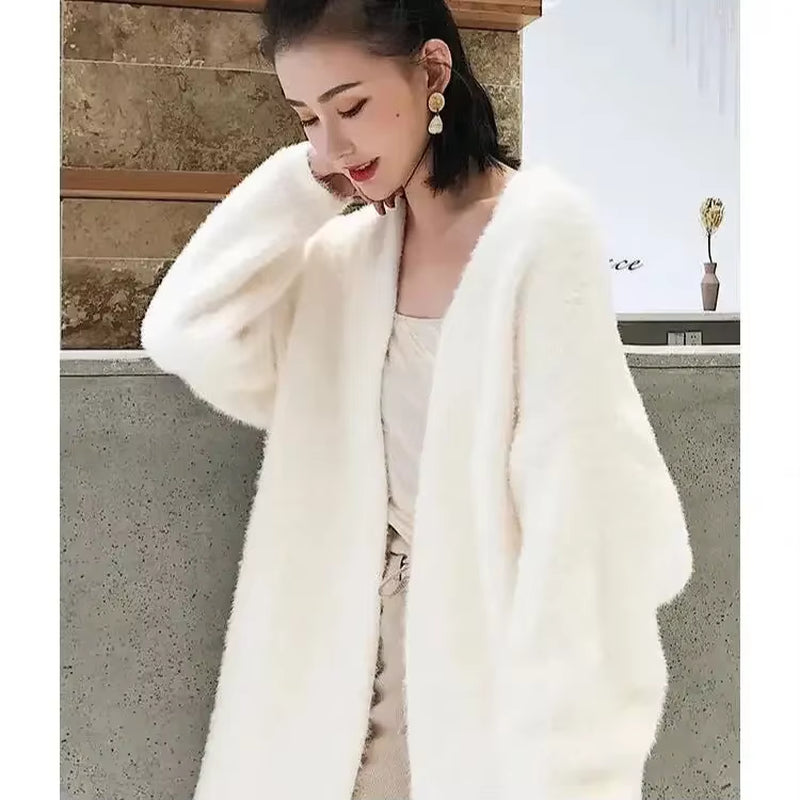 Women'S Sweater Autumn and Winter Long Mink-Like Wool Cardigan Loose Thick Mid-Length Idle Style Knitted Coat