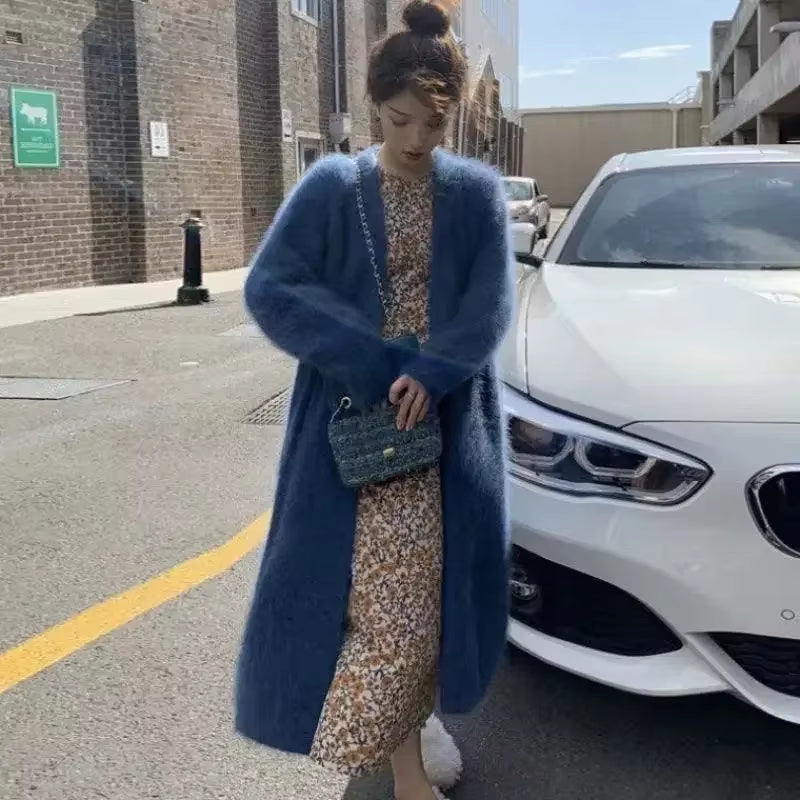 Women'S Sweater Autumn and Winter Long Mink-Like Wool Cardigan Loose Thick Mid-Length Idle Style Knitted Coat