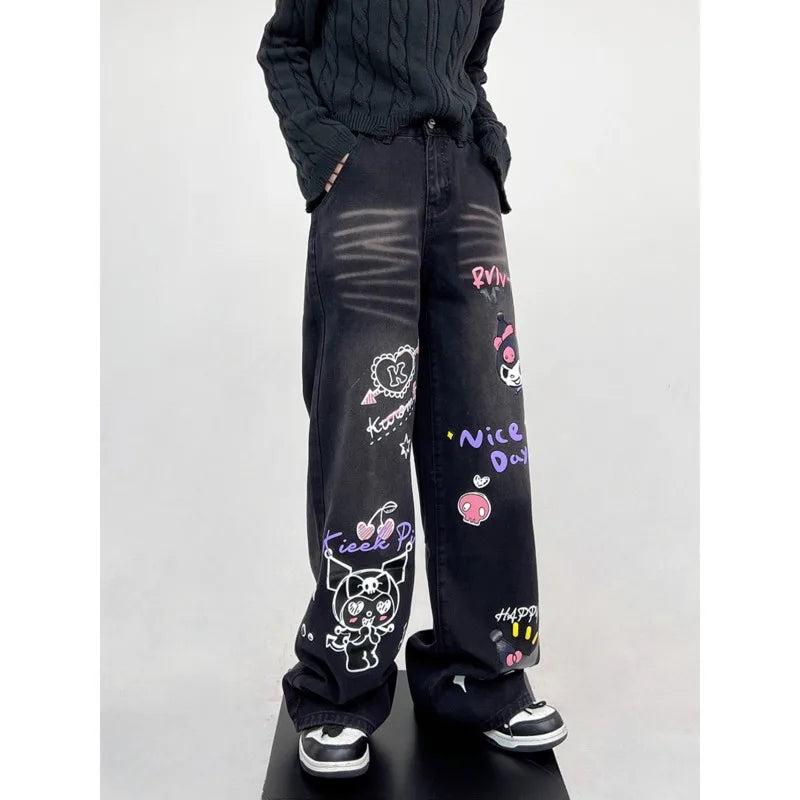 Sanrio Kuromi Printed Retro Wide Leg Jeans High Waist Button Sreetwear Denim Trousers Loose Straight Harajuku Pants for Women